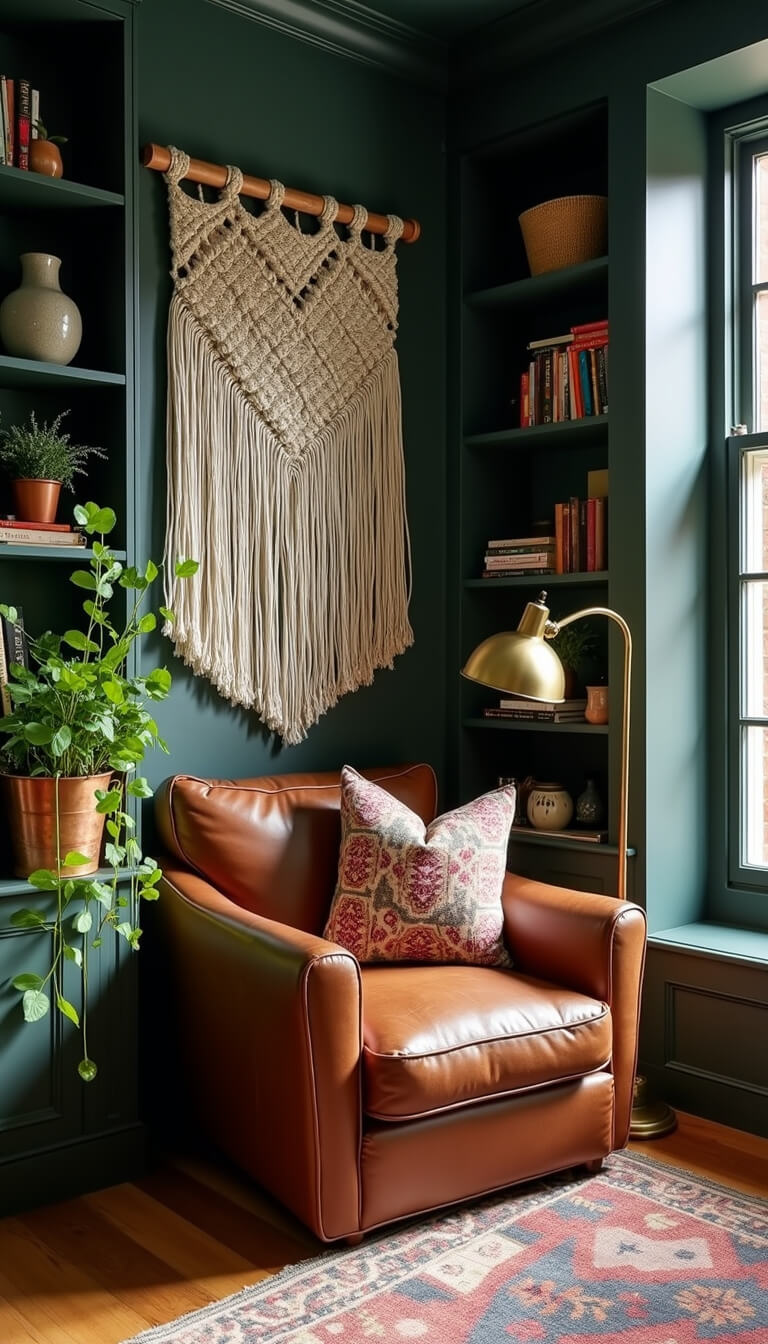 Cozy corner reading nook in a dark boho living room with built-in shelves painted deep green, cognac leather armchair, velvet and kilim pillows, brass lamp, and cascading pothos plants in copper planters.