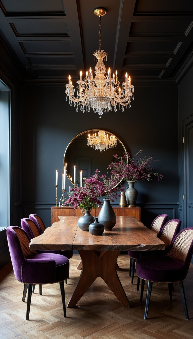 Modern bohemian dining room with black coffered ceiling, crystal chandelier, walnut table, purple velvet cane-back chairs, brass-framed mirror, and moody floral decor in ceramic vases.
