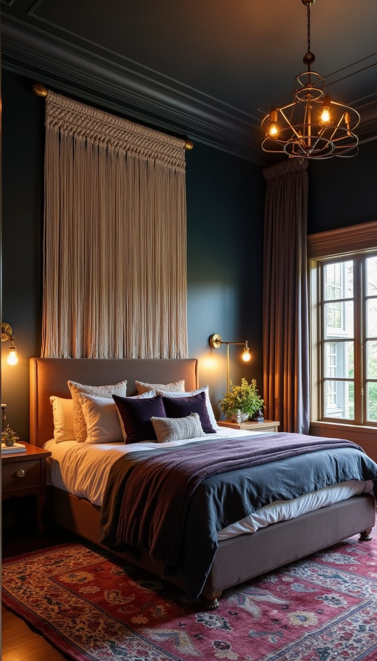 Boho primary bedroom with 14ft navy tray ceiling, layered king bed in deep tones, large macramé headboard, brass sconces, jewel-toned Moroccan rug, and golden hour lighting.