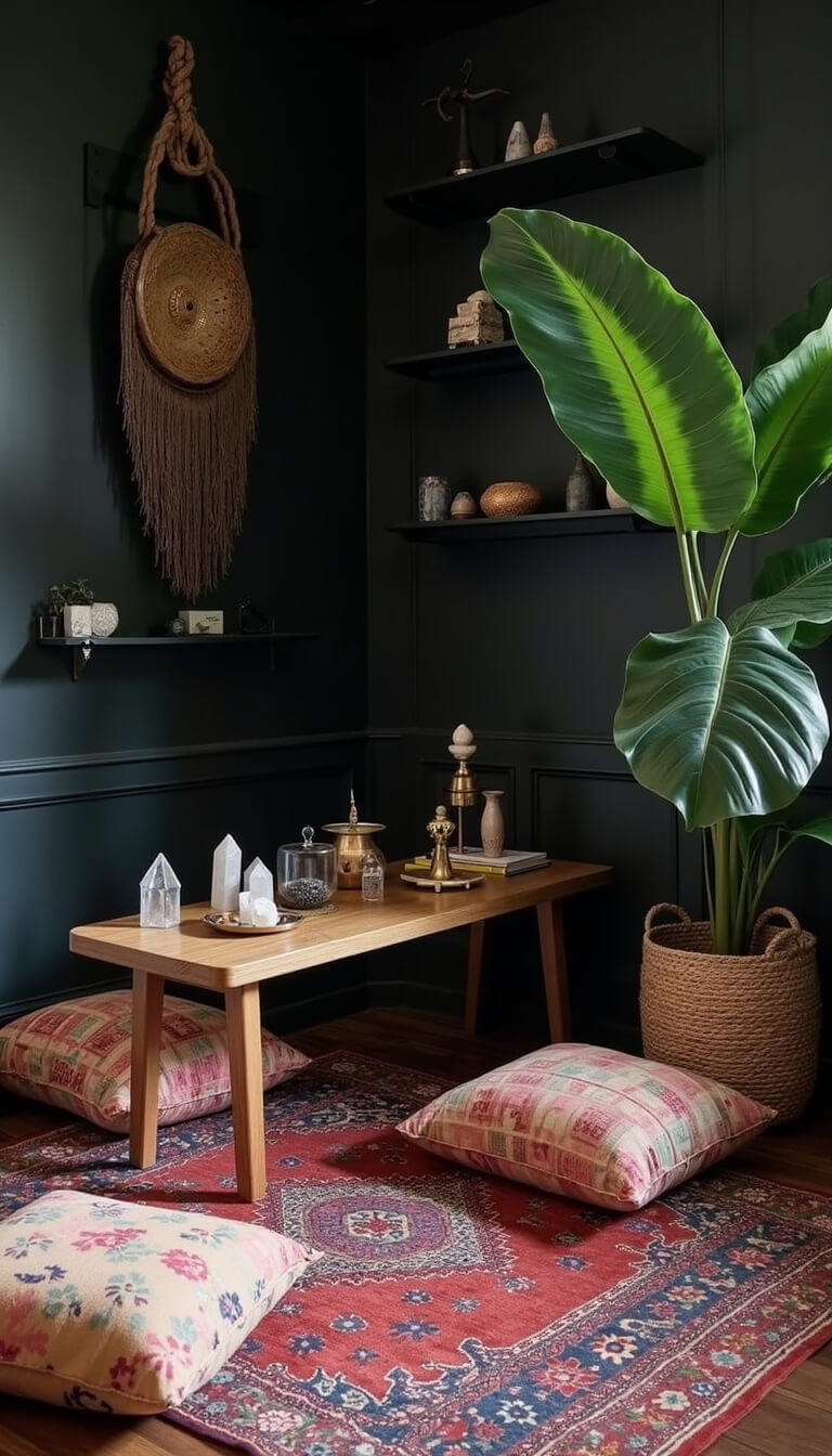 Cozy meditation corner with floor cushions on a vintage Moroccan rug, black floor-to-ceiling shelves, low wooden table with crystals and ritual items, brass incense holder, and large monstera plant in soft natural light.