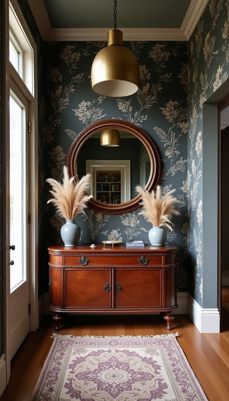Boho entryway with 12ft ceiling, dark floral wallpaper, dramatic pendant light, vintage mahogany console, round rope mirror, pampas grass in ceramic vessels, and layered vintage art wall.