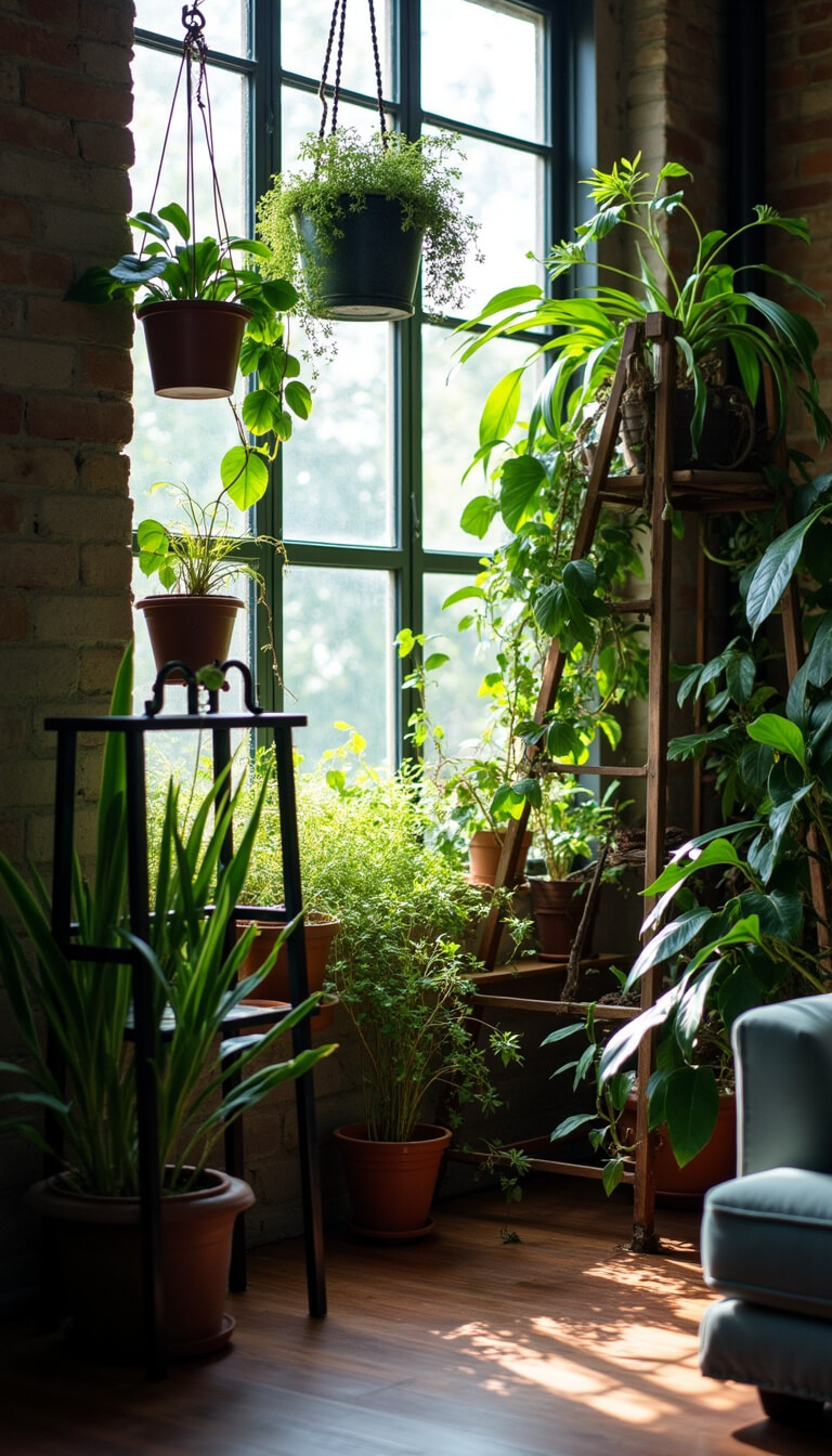 Low-angle view of lush indoor plants by tall industrial windows in a dark boho living space with wooden stands, hanging metal planters, and a vintage ladder display.