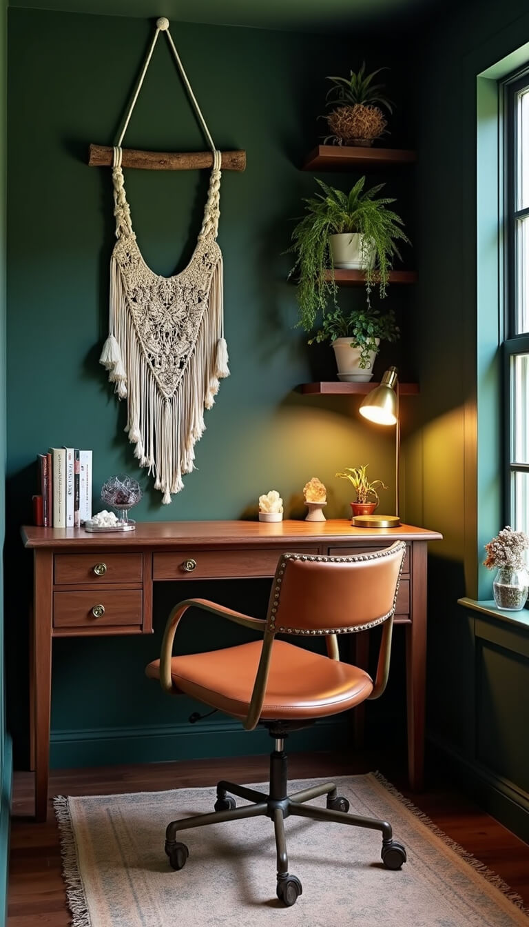 Bohemian home office nook with dark wood built-in desk, forest green walls, vintage leather chair, brass lamp, crystals, macramé wall hanging, and plants on floating shelves.