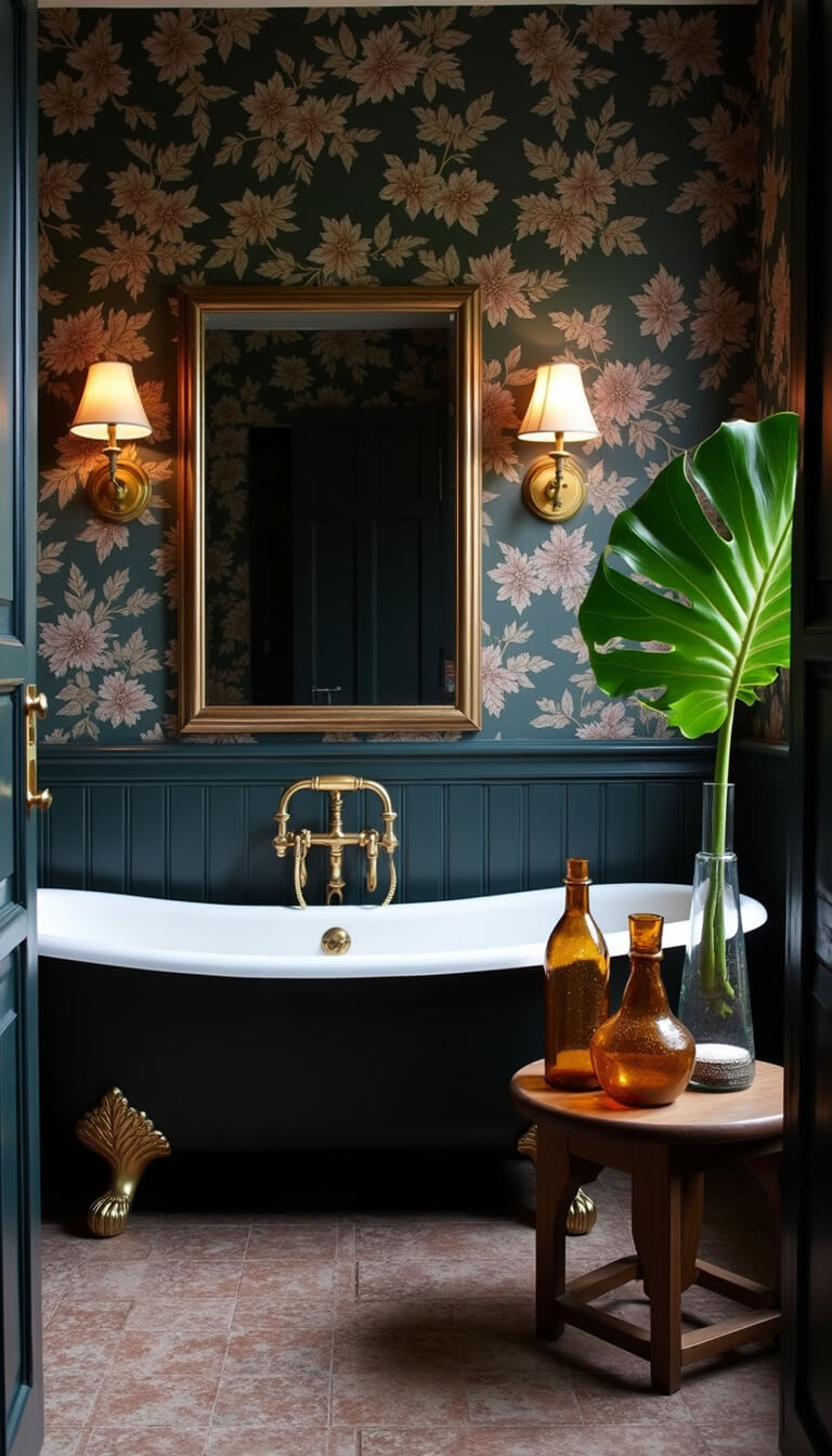 Dark boho bathroom with black clawfoot tub, dark floral wallpaper, vintage brass mirror and sconces, amber glass bottles on wooden stool, and monstera leaf in tall vase.