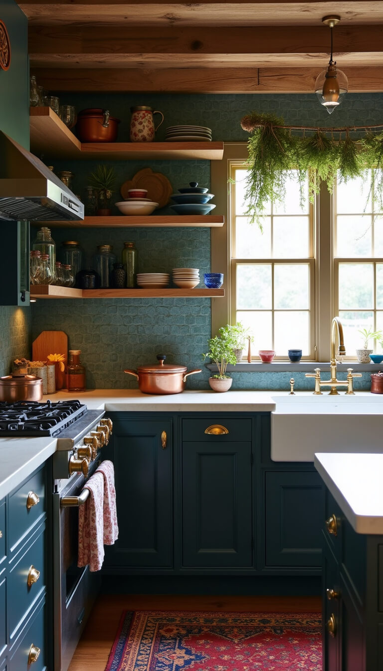 Boho kitchen with dark cabinets, brass hardware, open shelves with jewel-toned ceramics, vintage runner, hanging herbs, copper cookware, and warm natural and under-cabinet lighting.