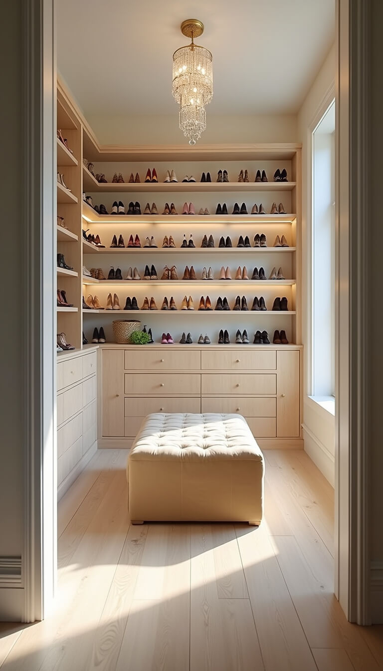 Bright walk-in closet with white oak shelves showcasing designer shoes, centered velvet ottoman, crystal chandelier, and morning light through floor-to-ceiling window.