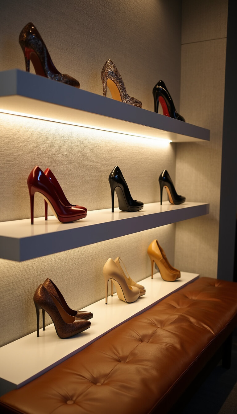 Boutique shoe display with statement heels on acrylic risers, warm lighting, and textured gray wallpaper.