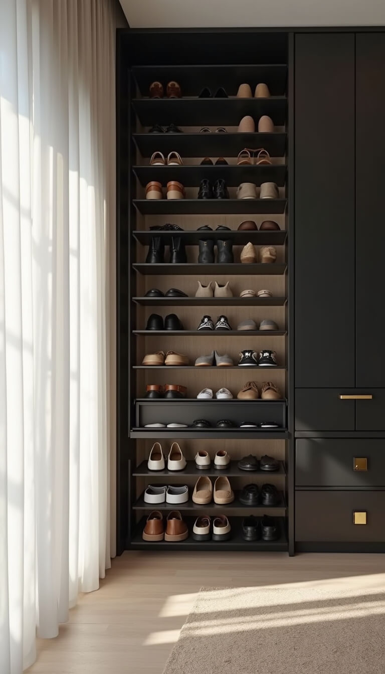 Modern minimalist closet with matte black floor-to-ceiling pull-out shoe racks, light oak backing, brushed brass handles, and a central island in cool afternoon light.