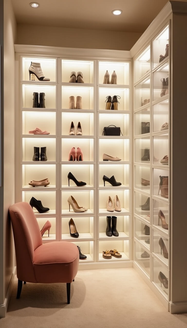 Cozy dressing room corner with stacked clear acrylic shoe boxes, designer shoes visible, warm lighting, blush velvet chair, and plush cream carpet.