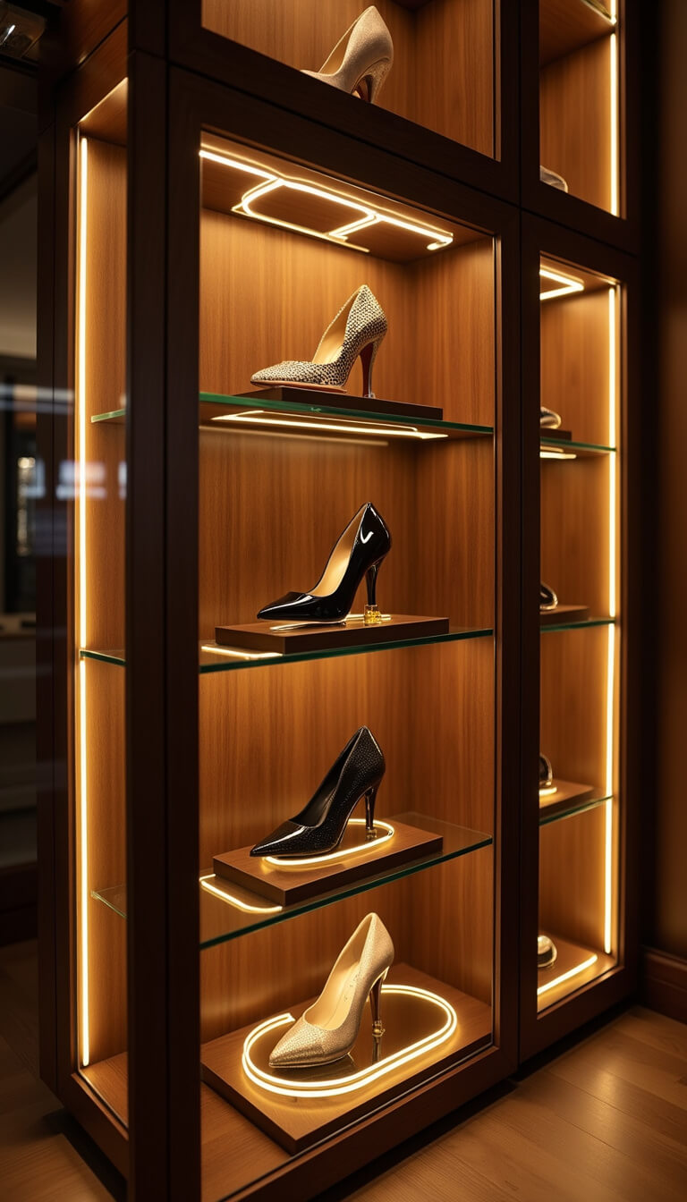 Illuminated evening shoe display with LED halo lighting on glass shelves, dark walnut built-ins, and gold supports, mirrored for dramatic golden hour effect.
