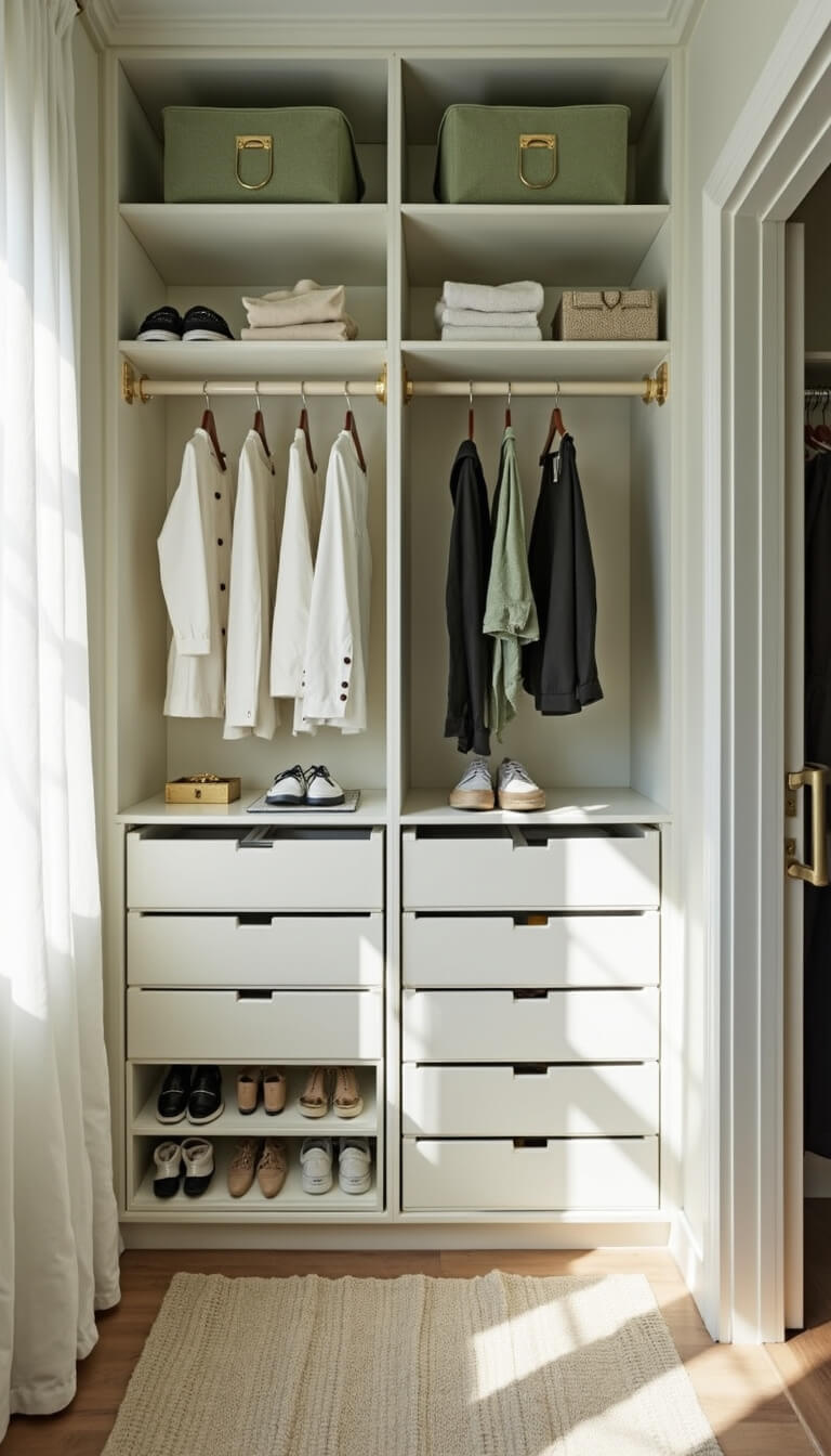 Bright modern closet with white IKEA Kallax units repurposed for shoe storage, sage green fabric bins, gold accents, and natural morning sunlight.
