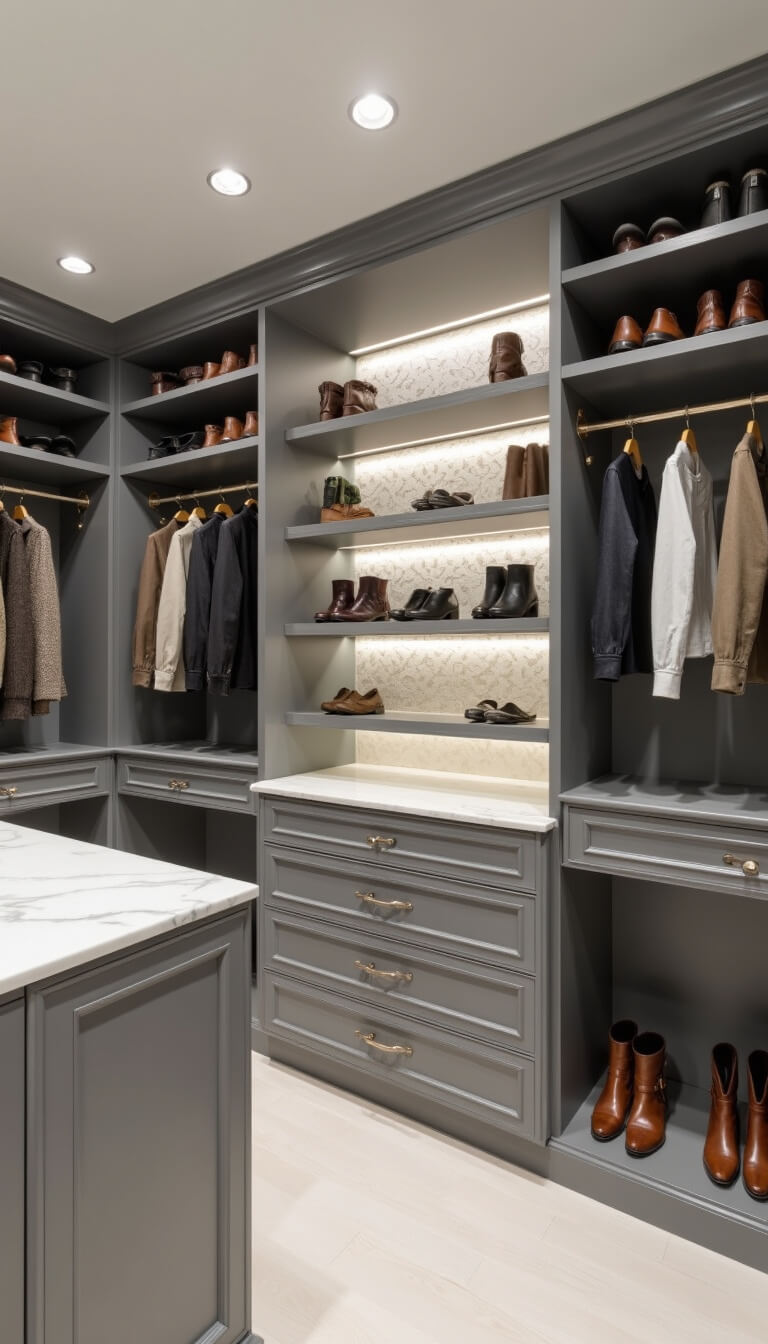 Professional gray closet system with lit sections for shoes, boot hangers, pearl-textured wallpaper, and marble-topped center island, viewed from above.