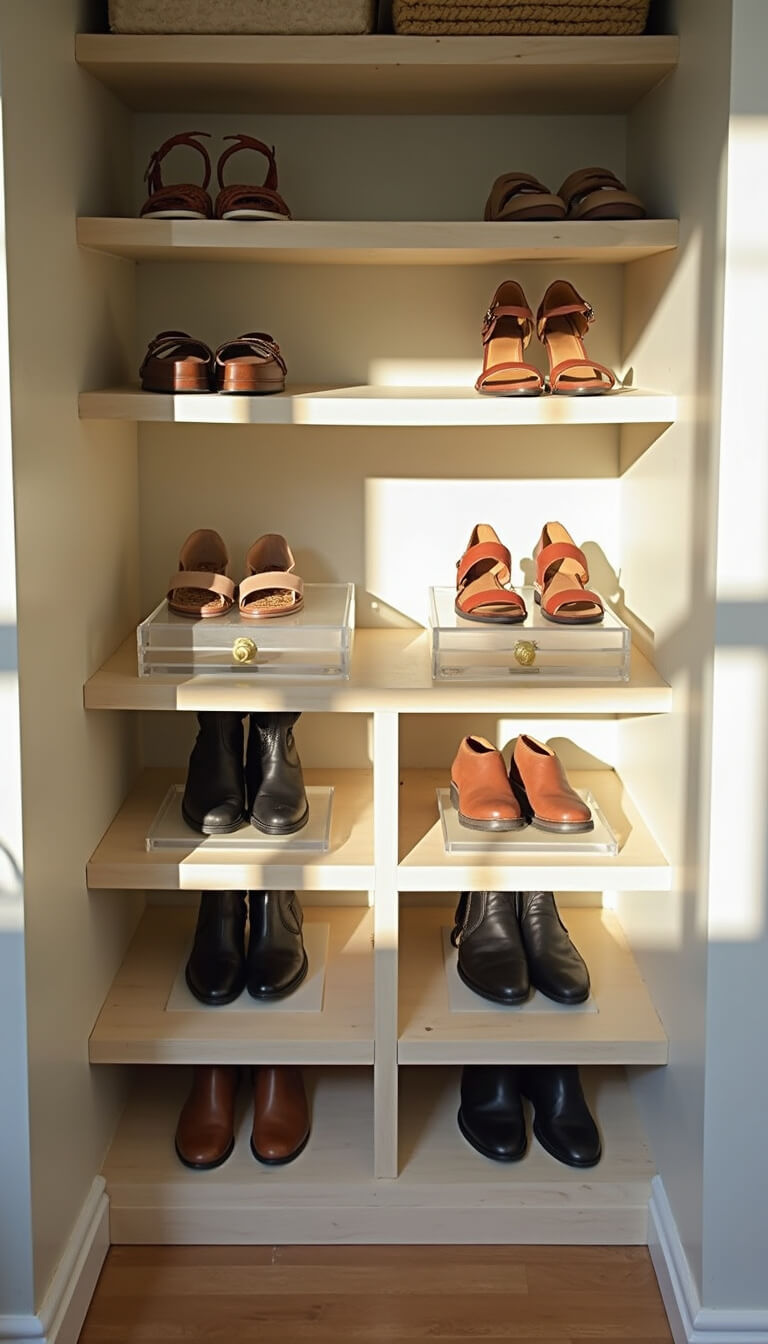 Boutique-style shoe closet corner with summer sandals on lucite risers and winter boots stored in cedar drawers, bathed in late afternoon light with brass hardware accents.