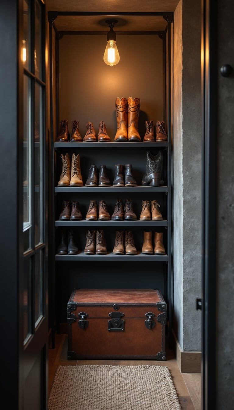 Masculine industrial walk-in closet with black metal shoe racks, concrete walls, Edison bulb lighting, leather shoes, and vintage trunk storage.