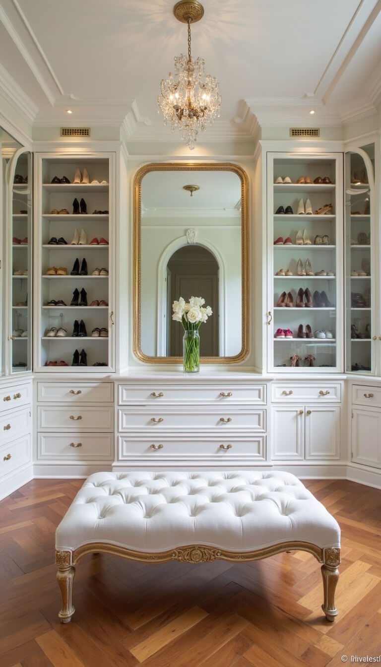 Bright dressing room with full wall of white glass-front shoe shelves, pearl velvet tufted ottoman, herringbone wood floors, gilded mirrors, and crystal knobs.