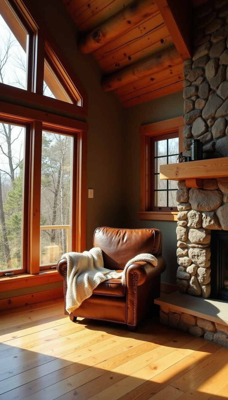 Golden hour light fills a cozy 12x14ft cabin living room with pine floors, cedar beam ceiling, and a vintage leather armchair by a stone fireplace.