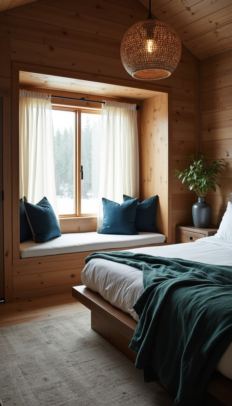 Cozy 10x12ft cabin bedroom at dawn with morning light through sheer curtains, window seat with indigo pillows, walnut bed with white linens and green blanket, and rattan pendant lamp casting shadows.