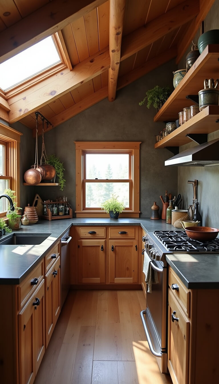 Compact cabin kitchen with soapstone counters, barn wood cabinets, copper pots, and ceramic dishware, sunlit from a skylight.