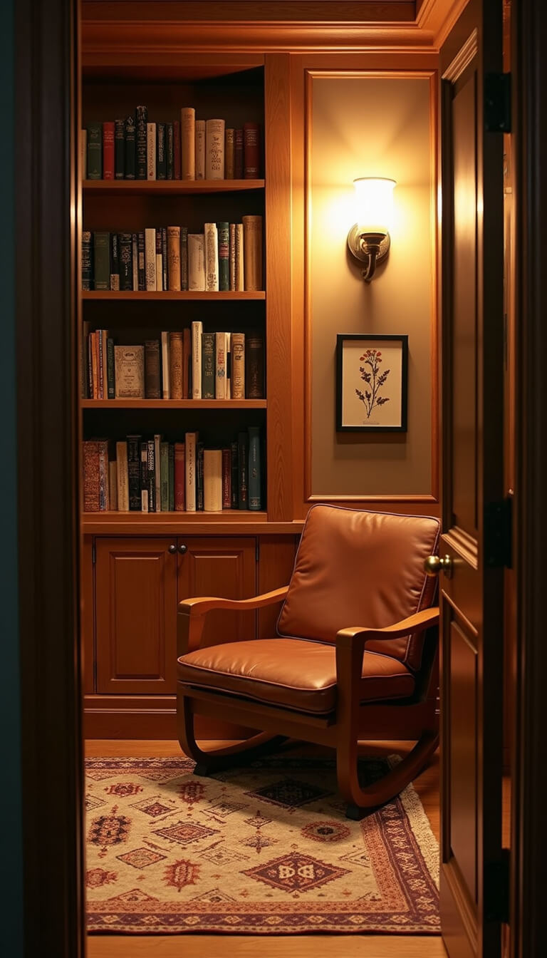 Cozy 6x8ft reading nook with warm sconces, oak bookshelves, leather chair, botanical prints, and Moroccan rug at dusk.