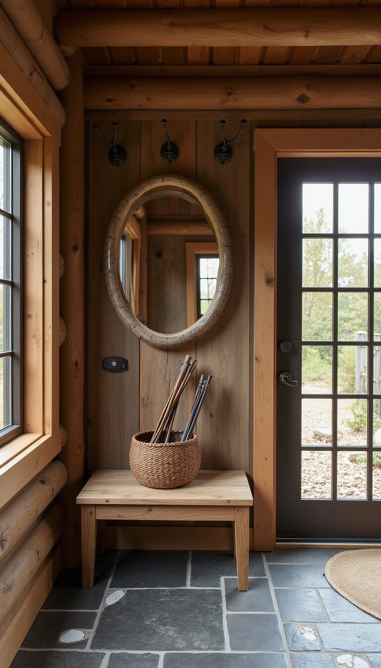 Rustic cabin entryway with antique hooks on timber walls, handwoven basket with walking sticks, reclaimed mirror, and slate floor with river rock inlays.