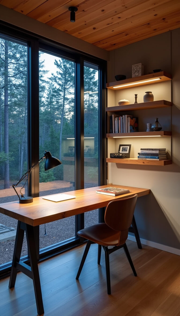 Modern 9x11ft cabin workspace with floor-to-ceiling windows overlooking forest, live-edge desk and mid-century chair facing nature, minimalist lighting, floating shelves with ceramics and art books.