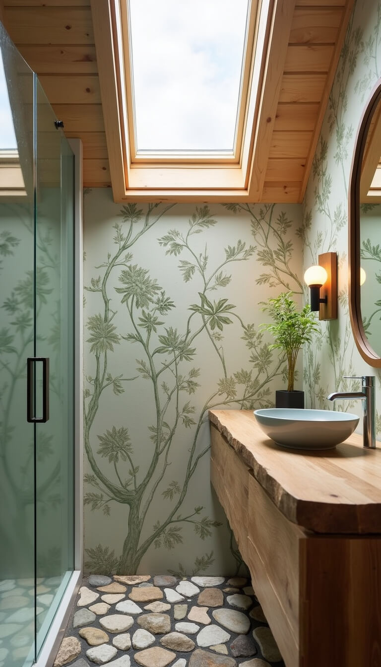Serene cabin bathroom with skylit walk-in shower, live-edge maple vanity, vessel sink, and botanical wallpaper in sage green and warm wood tones.