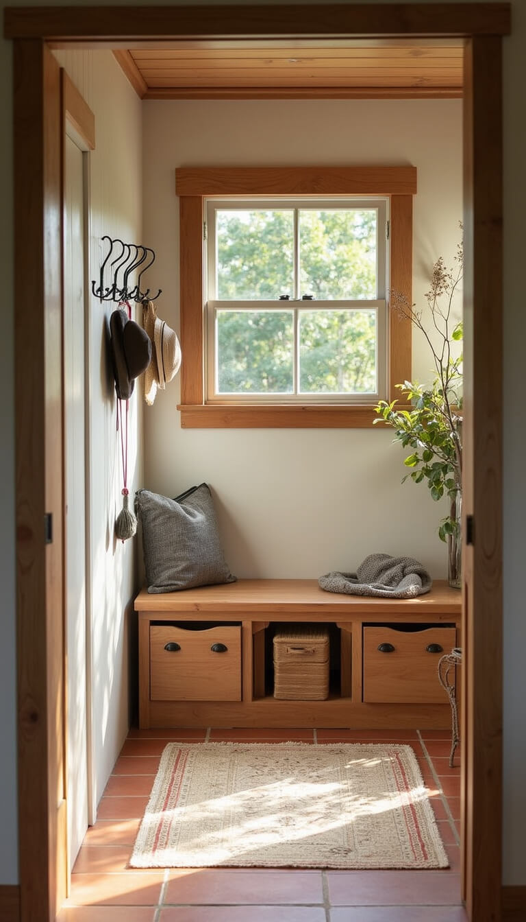 Transitional 4x6ft mudroom with custom bench, storage drawers, terracotta tiles, vintage runner, and sunlit earth-toned decor.