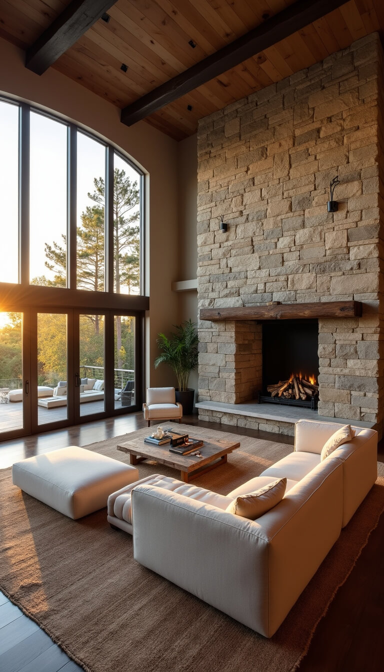 Great room with stone fireplace, linen sectional, vintage rug, and floor-to-ceiling windows at sunset viewed from mezzanine.