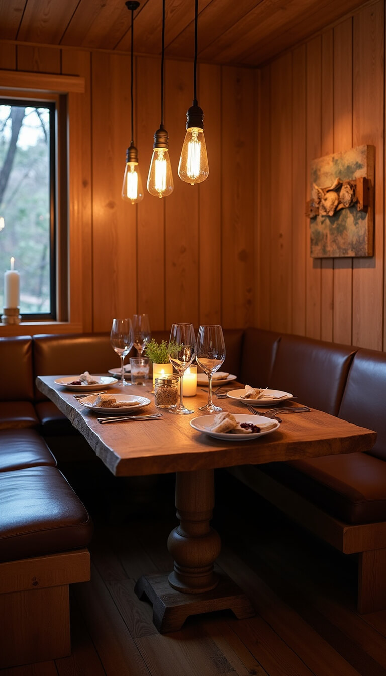 Candlelit 6x8ft dining nook with leather banquette, live-edge table, and warm wood tones.