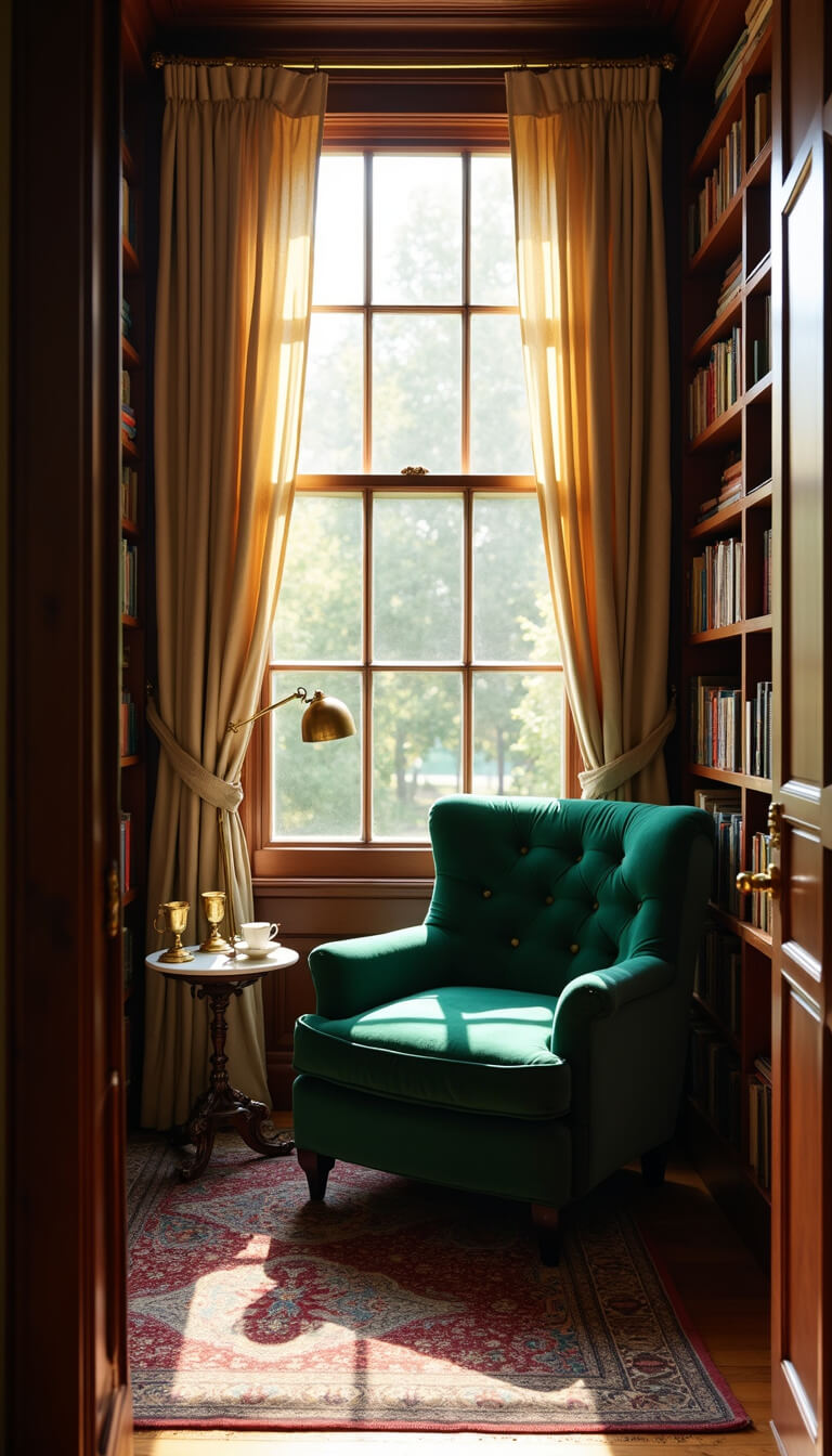 Victorian reading nook with emerald armchair, brass lamp, and sunlit bay window framed by walnut bookshelves.