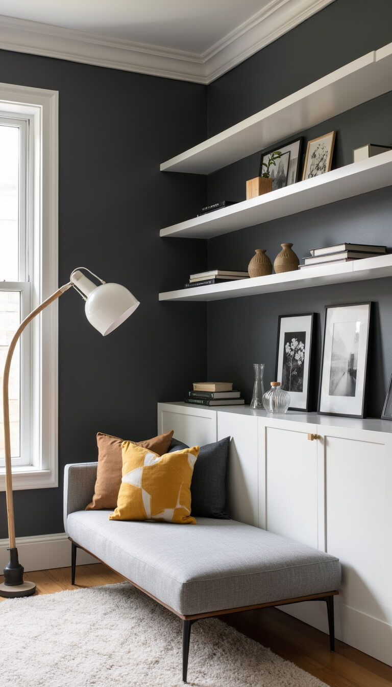 Modern minimalist library corner with white floating shelves on a charcoal wall, gray sectional sofa, geometric pillows, arched oak reading lamp, and monochrome art prints.