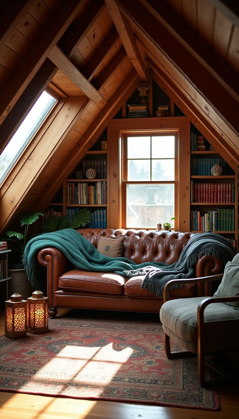 Cozy attic library with exposed beams, Chesterfield sofa, industrial pipe bookshelves, and Moroccan lanterns in warm late afternoon light.