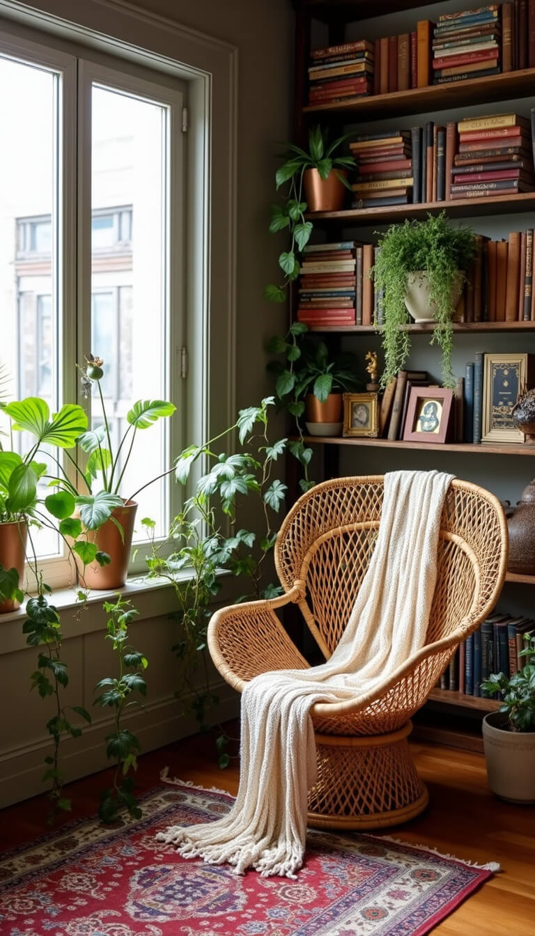 Bohemian reading corner with rattan peacock chair, macramé throw, trailing plants, vintage rugs, and eclectic reclaimed wood shelving in natural diffused light.