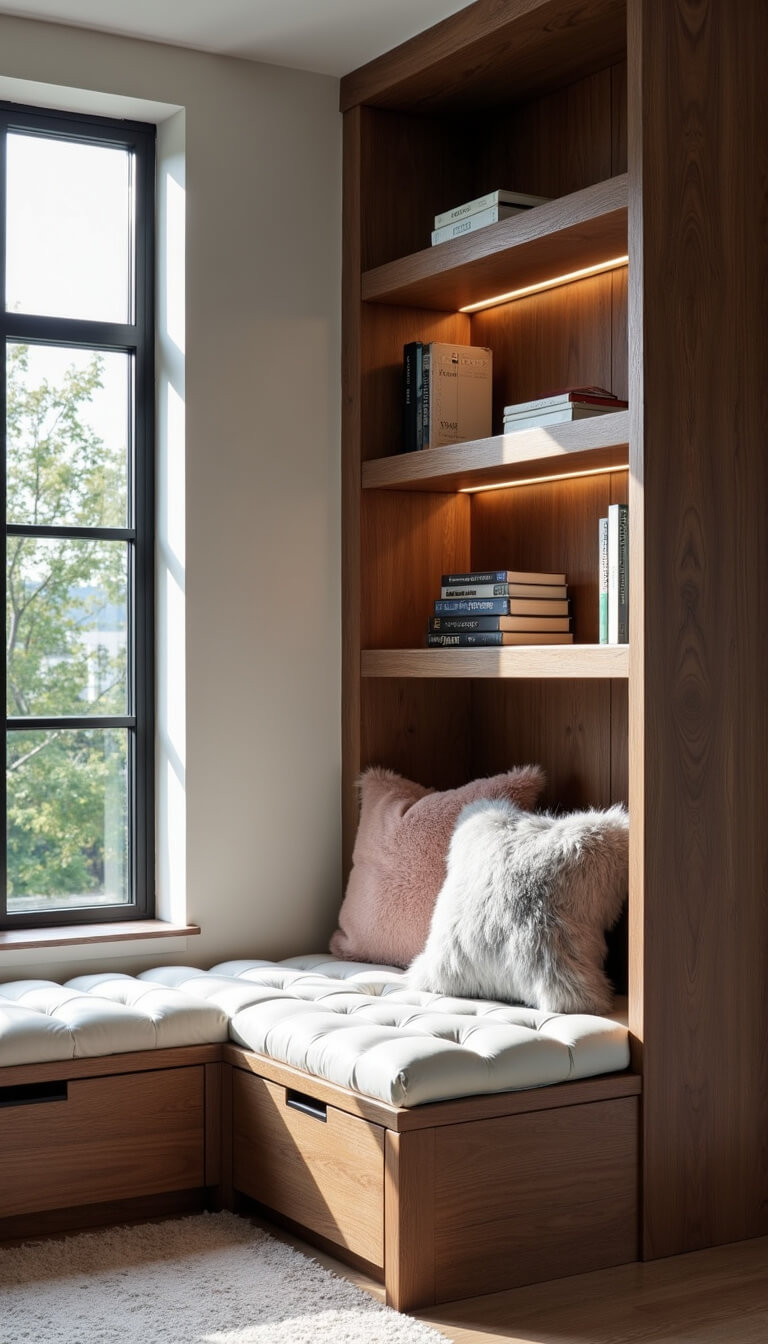 Contemporary window seat library in 6x8 alcove with ivory tufted bench, walnut shelves, fur pillows, and dramatic noon light through steel-framed windows.