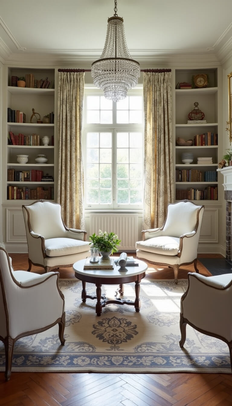 French country-style reading room with whitewashed brick fireplace, built-in shelves, toile curtains, linen bergère chairs, antique coffee table, herringbone floors, vintage rug, and crystal chandelier.