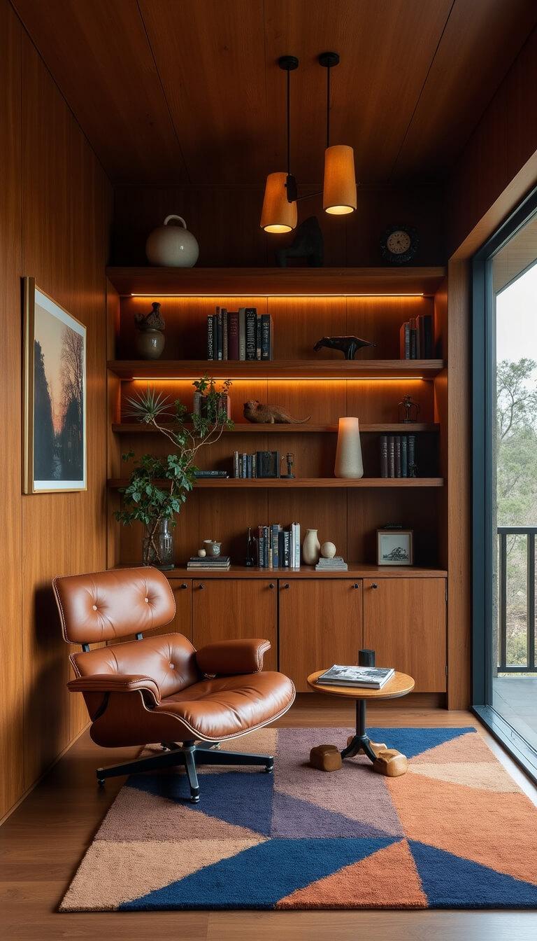 Mid-century modern library den with walnut walls, brass shelves, Eames lounge chair, sculptural ceiling lights, and artistic book displays.