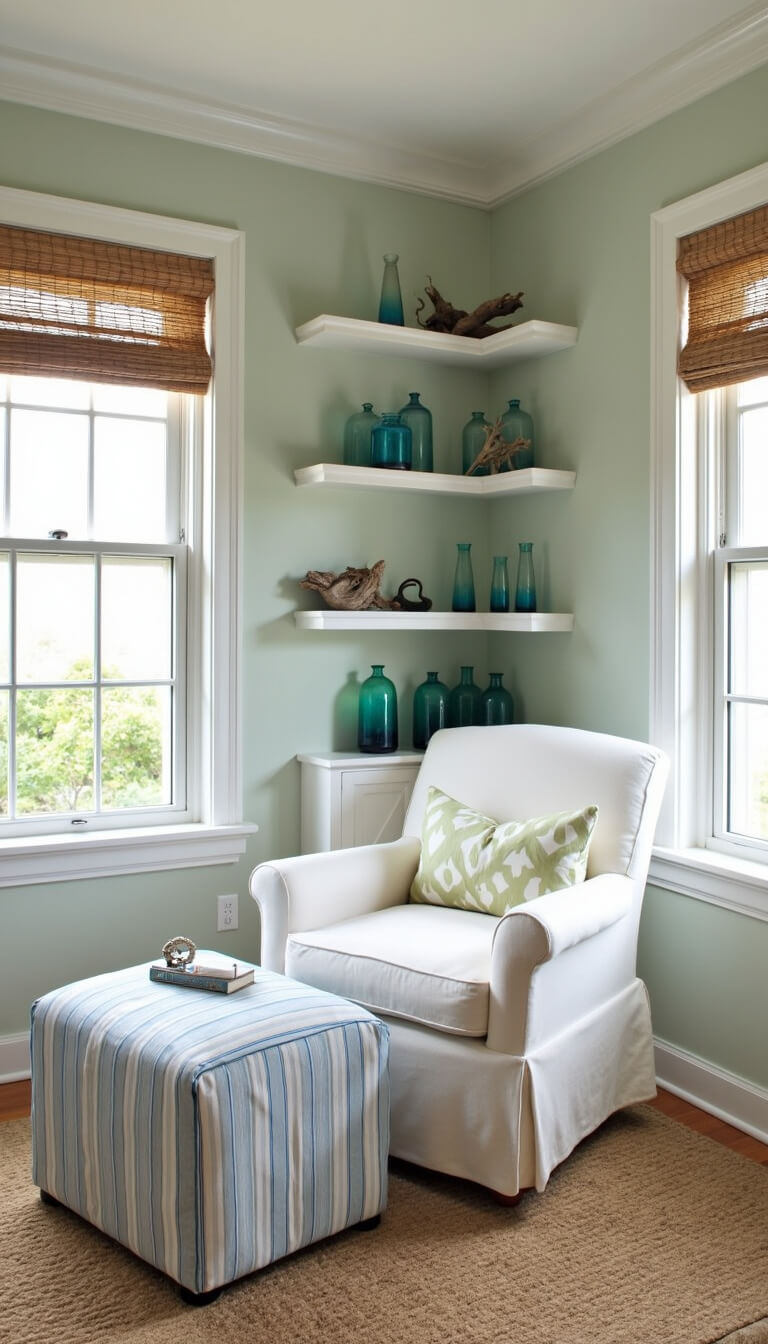 Coastal reading nook with ivory slipcovered swivel chair, nautical striped ottoman, sea glass on white shelves, natural rug, driftwood art, and blue-green ombré ceramics lit by morning light through bamboo shades.