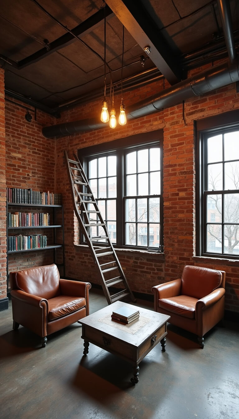 Industrial loft library with brick walls, steel windows, vintage ladder, leather chairs, and Edison bulb chandelier in cozy ambient lighting.