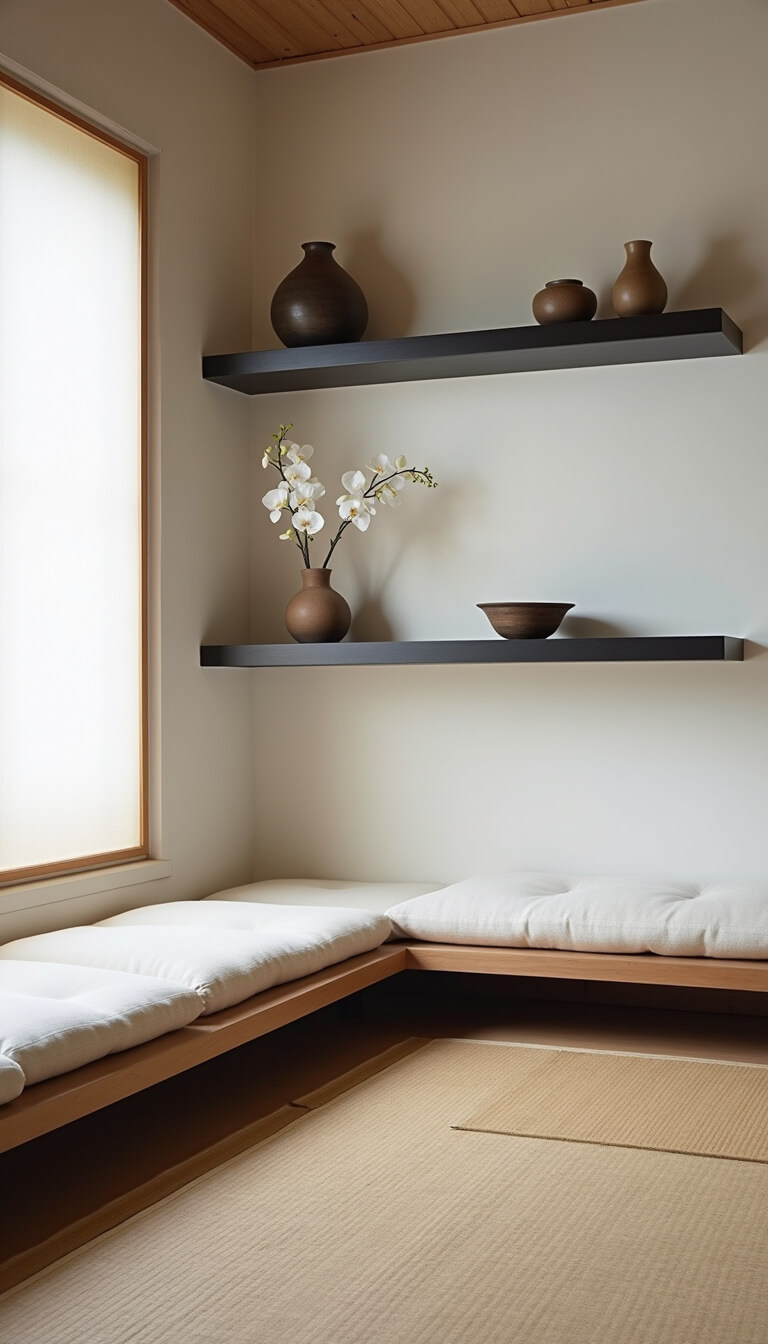 Japanese minimalist reading nook with low cream-cushioned platform seating, black oak shelves on white plaster walls, tatami mats, and shoji screens filtering soft light.