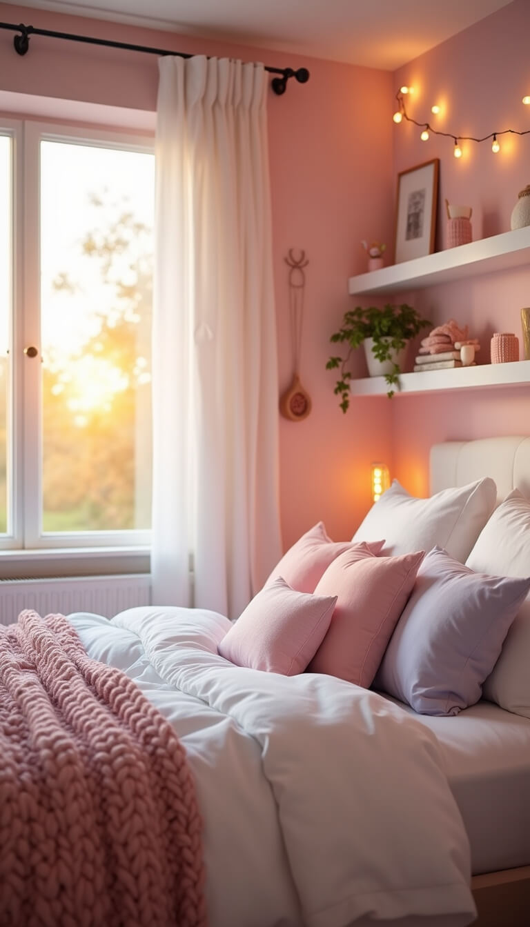 Dreamy blush pink bedroom with queen bed, cloud-like bedding, pastel pillows, fairy lights, and sunset light through large window with sheer curtains.
