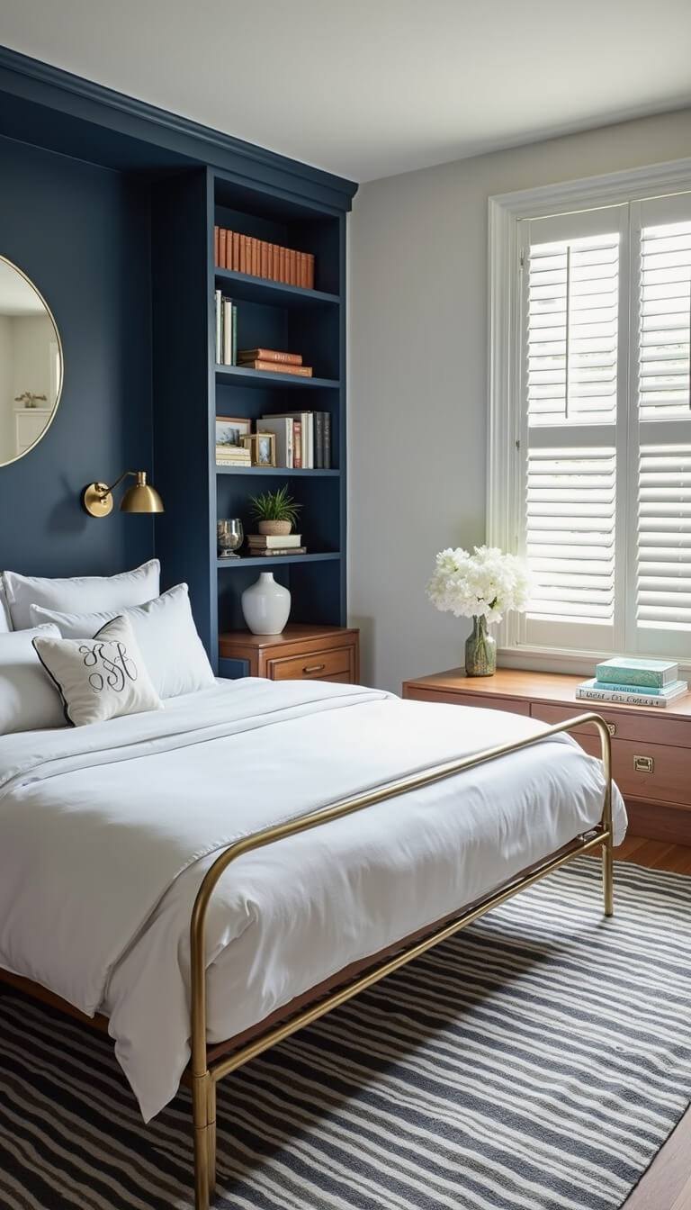 Modern preppy bedroom with brass bed, white monogrammed bedding, navy accent wall, striped rug, and light streaming through plantation shutters.