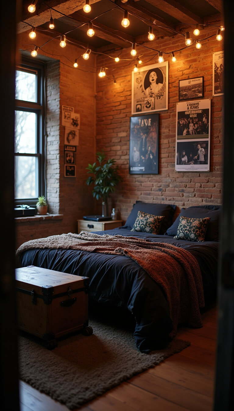 Indie grunge-style bedroom with exposed brick wall, moody lighting, string lights, vintage record player on crate, dark bedding with patterned throws, band poster gallery wall, and vintage trunk coffee table, viewed from doorway at a dutch angle.