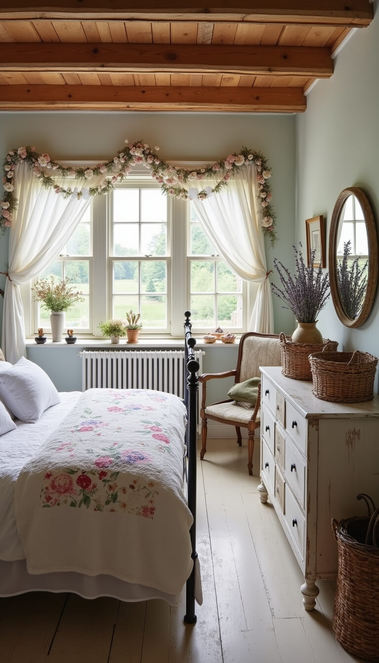 Cottagecore bedroom with antique iron bed, white eyelet bedding, dried flower garlands, and vintage wooden furniture bathed in soft morning light.
