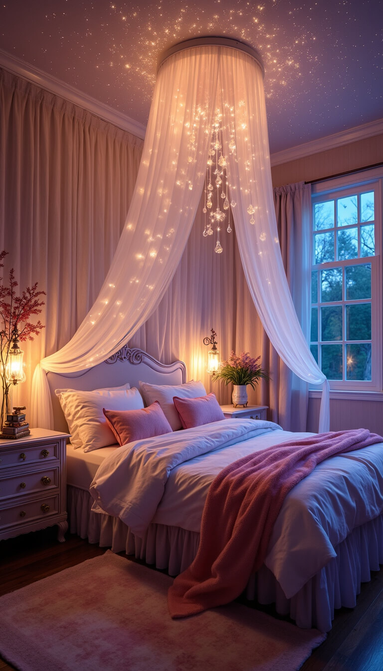 Fairycore bedroom at dusk with gossamer canopy, twinkling fairy lights, iridescent curtains, crystal prisms, and metallic-accented furniture glowing in soft, ethereal light.