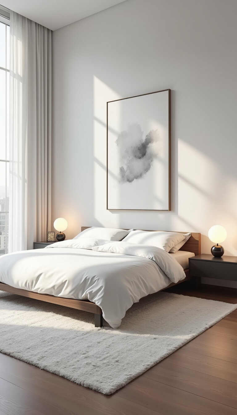 Minimalist bedroom with platform bed, white bedding, large abstract art, floating nightstands, and floor-to-ceiling windows in midday light.