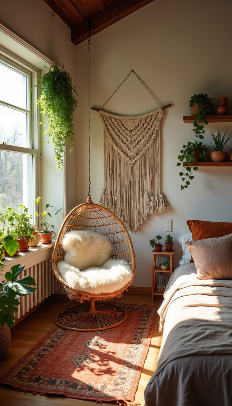 Boho chic bedroom with rattan hanging chair, layered vintage rugs, macramé wall art, and plant-filled window nook in warm afternoon light.