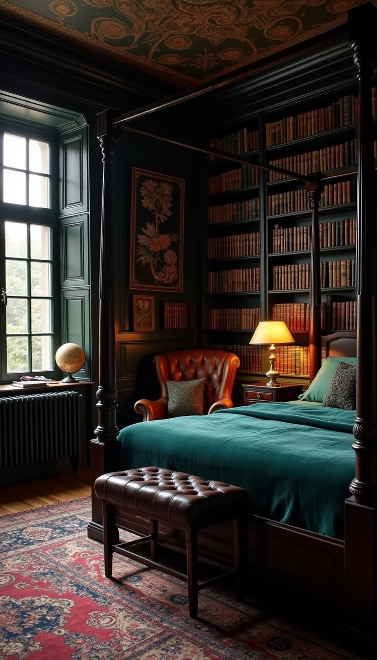 Dark academia bedroom with moody evening lighting, featuring a built-in library wall, leather chesterfield chair, antique desk with brass lamp, dark wood four-poster bed with emerald velvet bedding, and globes on the windowsill.