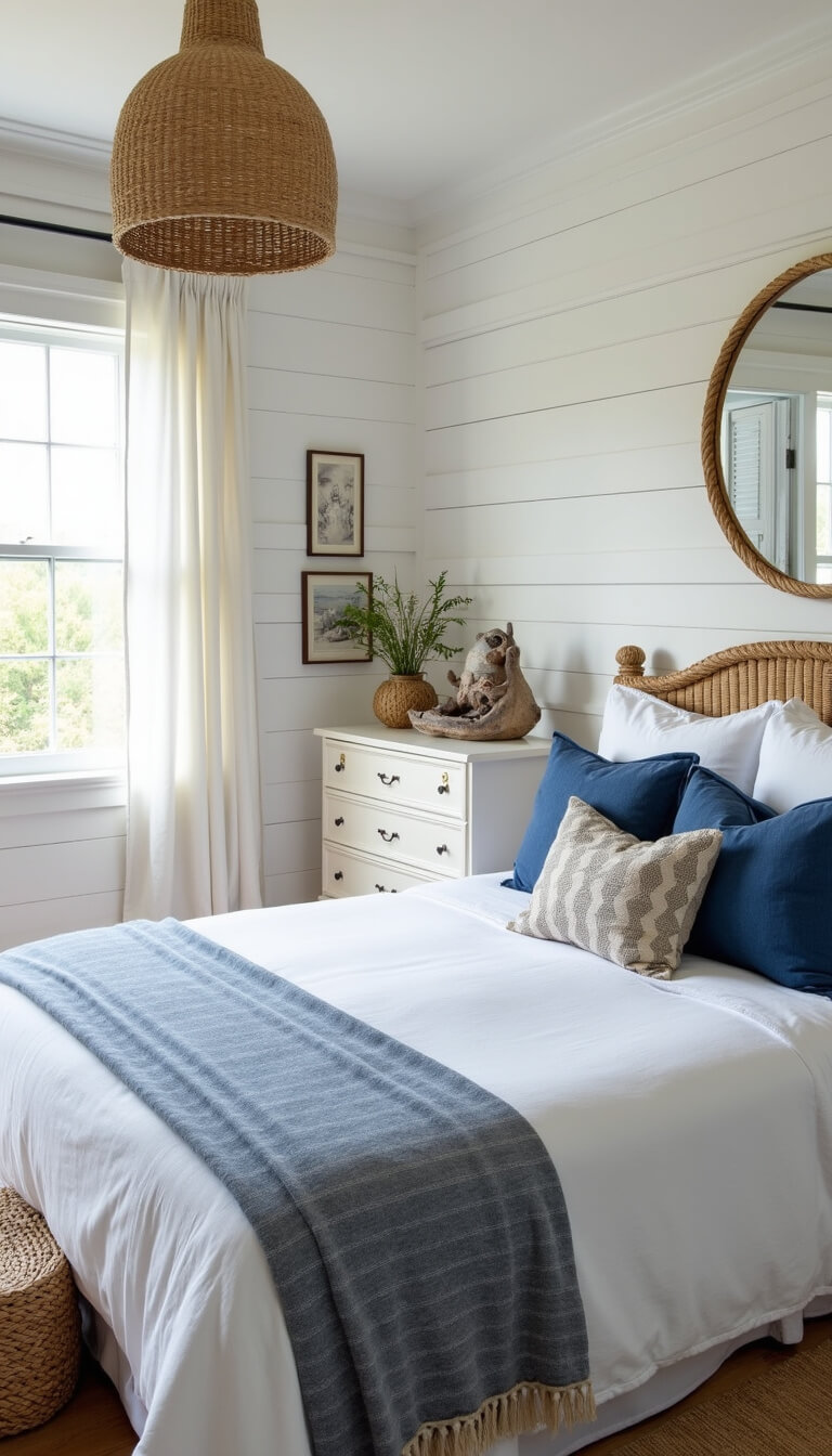 Bright coastal bedroom with white bedding, blue striped throws, shiplap accent wall, rope mirror, woven pendant light, seagrass baskets, and driftwood art in soft morning light.
