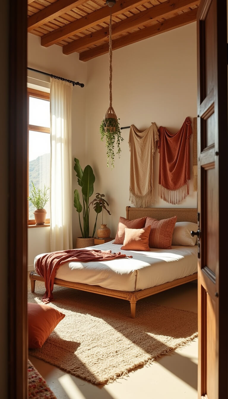 Sunlit bohemian bedroom with rattan bed, Moroccan textiles, macramé plants, and layered rugs at golden hour.
