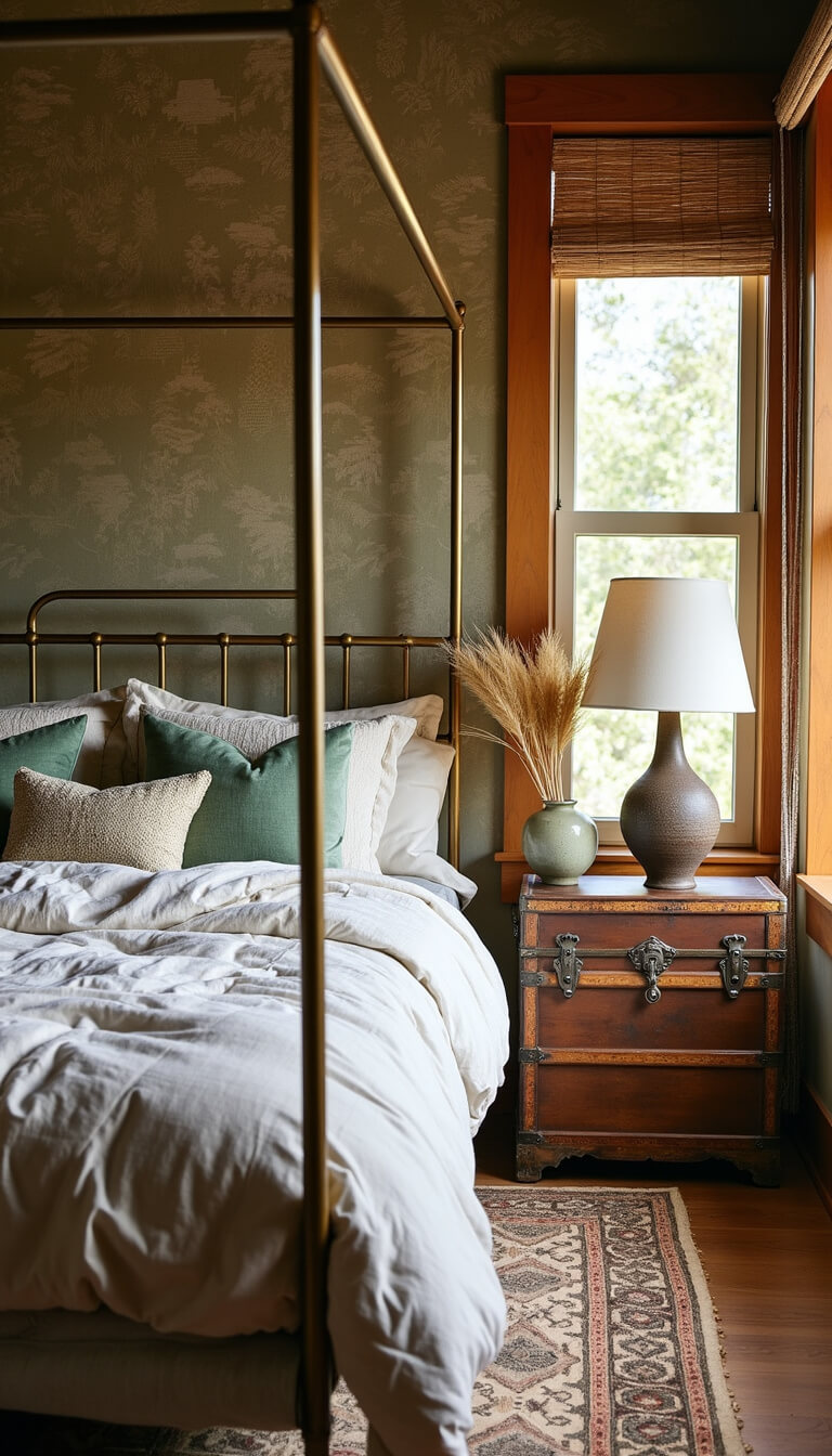 Boho-style 12x12ft bedroom at dawn with antique brass canopy bed, cream and sage linen bedding, earthy geometric tapestry, weathered trunk nightstand, ceramic lamp, pampas grass in large vessel, and bamboo-blind filtered light.